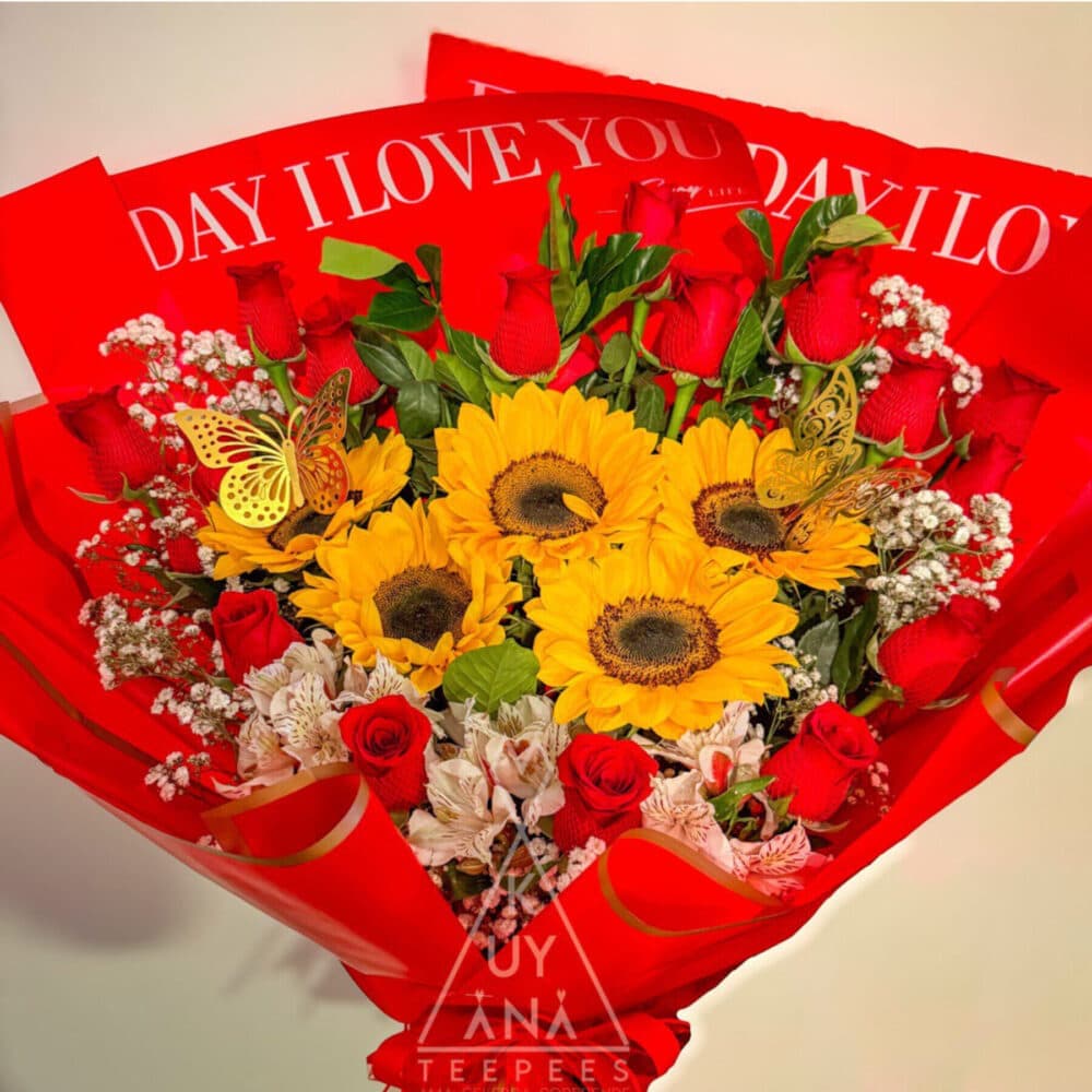 Arreglo 18 rosas + 5 girasoles + y flores secundarias